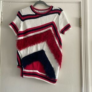Spencer Vladimir Stylish Red White Blue Textural Long Fringed Striped Sweater